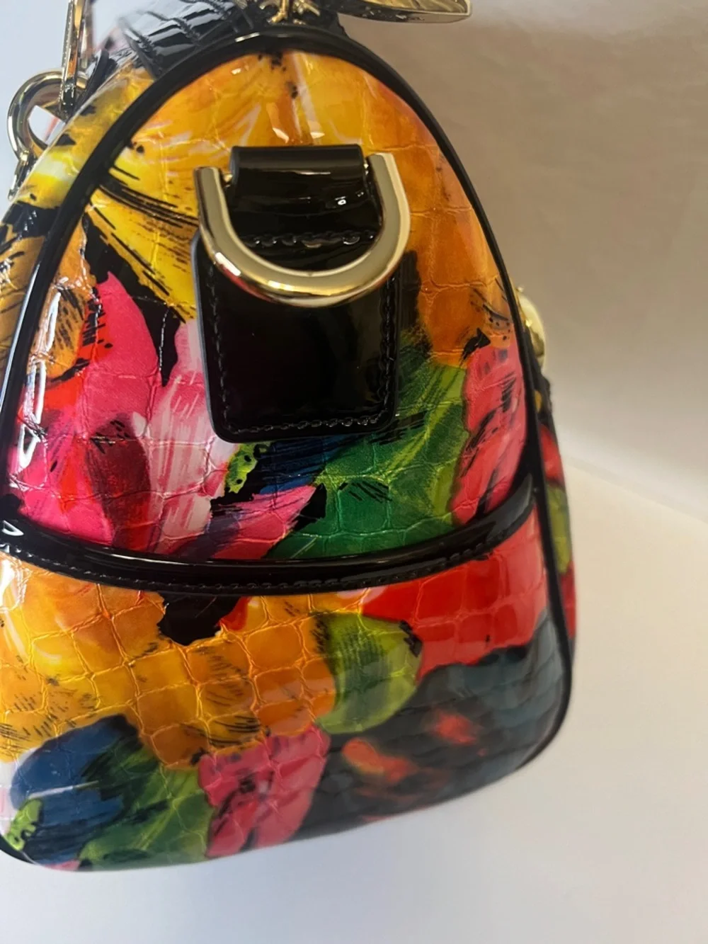 Feimina Genuine Leather embossed Floral Patent Satchel Handbag - Picture 13 of 16